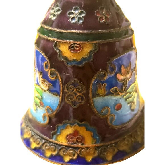 Vintage Cloisonné Enamel Bell With Intricate Floral & Bird Design Purple Blue - Picture 7 of 12